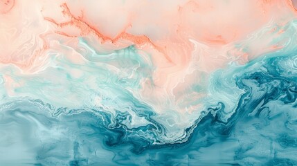   A blue, orange, and pink abstract painting features a white backdrop with a central blue-orange swirl