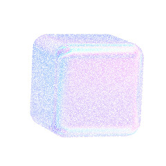 3d cube with noise gradient hologram effect. Halftone gradation square figure. Y2k holographic shape gritty grain texture. Stipple vector illustration of noise cubes of colored dots.