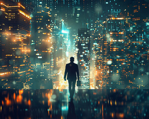 A sleek businessman with a tablet walking through a digital cityscape,