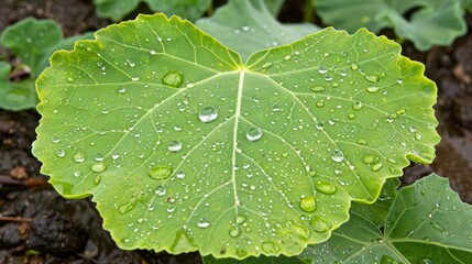   A tight shot of a moist green leaf, speckled with water droplets, amidst a sprawling expanse of plant life