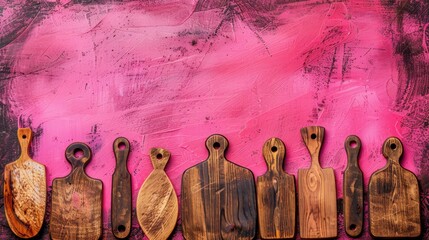   A row of wooden cutting boards aligned against a pink and black wall; the backdrop is predominantly pink