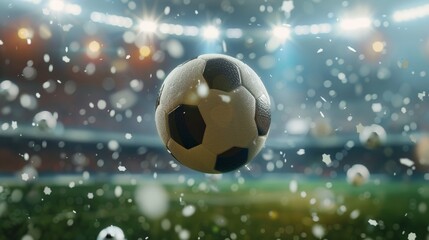 A close up of a soccer ball in mid air with the stadium in the background.