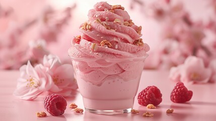  Close-up of ice cream with raspberries and flowers in background