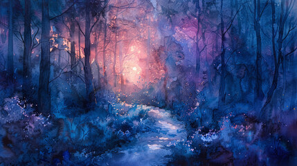 Mysterious dusk setting over a lush forest path rendered in deep blues and purples in watercolor