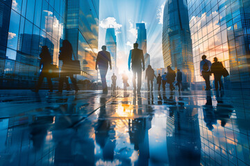 Business professionals silhouette walking confidently against a backdrop of a bustling city street,