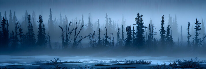 Fototapeta premium A dense foggy morning in a permafrost region, with the silhouette of sparse trees emerging from the mist, creating a mysterious landscape