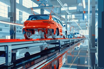 An orange car on a conveyor belt in a factory. Suitable for automotive industry concepts
