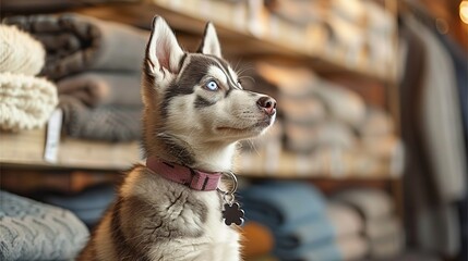   A Huskie gazes upward from its seated position before a row of Sweaters in a Woolen Store