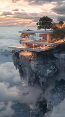 a house is sitting on top of a cliff overlooking the ocean
