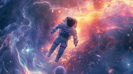a spaceman floating amidst swirling galaxies, bathed in a dreamlike, iridescent light that dances across his spacesuit, blurring the line between reality and fantasy