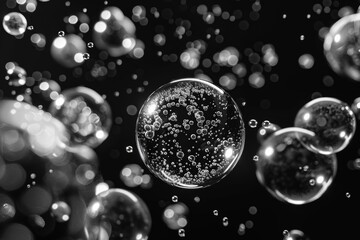 White Bubbles Flying In The Air On Dark Black Background. Soft Lighting. Closeup. Wallpaper. Cover. Monochrome