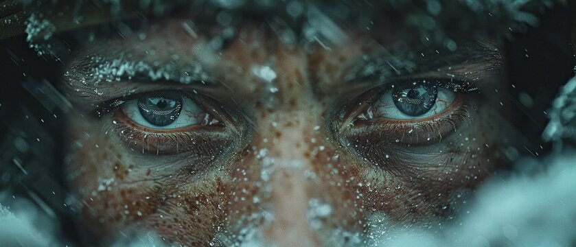 Create a dynamic close-up image capturing the determination and courage in the eyes of an explorer gazing into the unknown, emphasizing their adventurous spirit