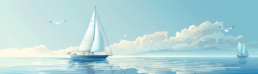 A sailboat on a calm sea. The sky is cloudy and the water is a deep blue