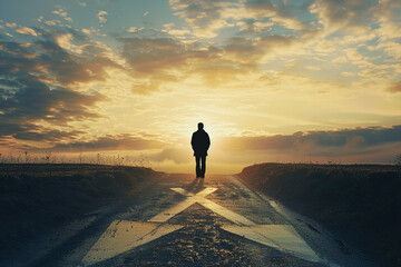Silhouette of a person standing at a crossroads, embodying the decisive moments of leadership 