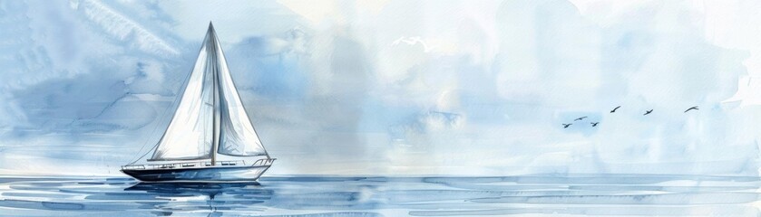 A watercolor painting of a sailboat on a calm sea. The sky is cloudy and the water is a deep blue