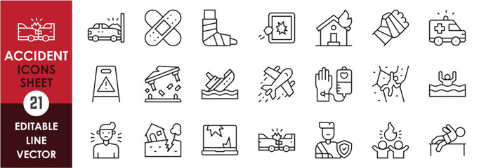A set of linear icons related to accident. Outline icons of car, ship, plane accidents and injuries.