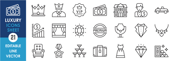 A set of line icons related to luxury. Outline icons of crown, money, mansion, profit, vip and so on.