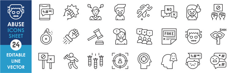 A set of linear icons related to abuse. Abuse, violence, insult, crime, assault and so on. Outline icons set.