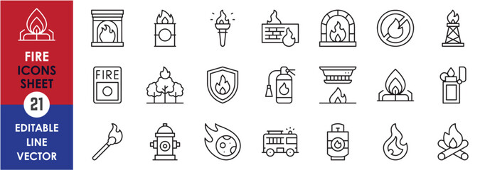 Outline style fire icons set. Containing burning, flame, campfire, gas stove, lighter, match, smoke, firefighter matches, cylinder and so on. Vector linear icons collection.