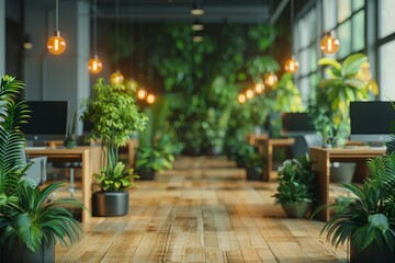A contemporary office space illuminated with hanging lights and decorated with a variety of green plants