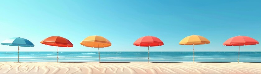 A row of colorful beach umbrellas on a sandy beach with the ocean in the background