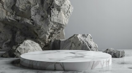3d render of an artistic representation of minimalist design featuring a sleek marble table set against rugged natural rock formations for product or cosmetic showcase