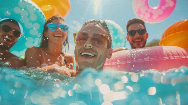 Friends enjoying a tropical pool party with inflatable floaties and refreshing drinks