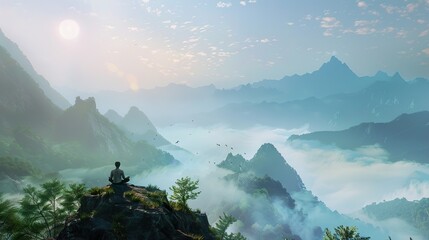 Sitting on the top of a high mountain, A pure morning, meditating on the top of a high mountain, looking out at the land below.