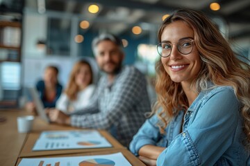 Fototapeta premium A cheerful young woman in a casual work setting smiles at the camera, with colleagues and charts in the background