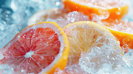 Texture of ice and frozen oranges, cold background