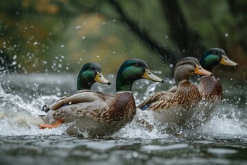 Fototapeta premium A group of vividly colored Mallard ducks create waves as they play in the water, with a seasonal background