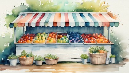 Vibrant watercolor painting of a farmers market stand with fresh organic produce on a rustic wooden background