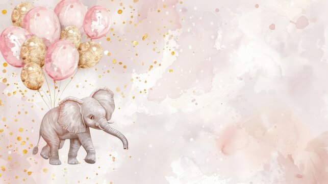 Cute baby elephant playing with balloon, watercolor illustration with pink background - Powered by Adobe