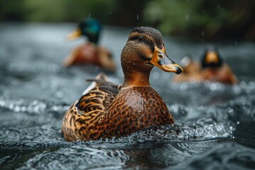 Fototapeta premium Striking close-up of a duck with water droplets highlighting the intricate feather patterns amidst a rain-soaked background