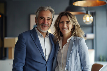 Business couple, man and woman, presenting with smiles in their office, focused on the camera with an expression of trust and common goal, promoting a professional relationship in business.