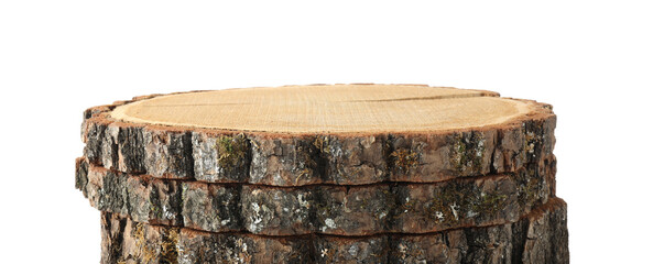 Presentation of product. Stack of wooden stamps isolated on white