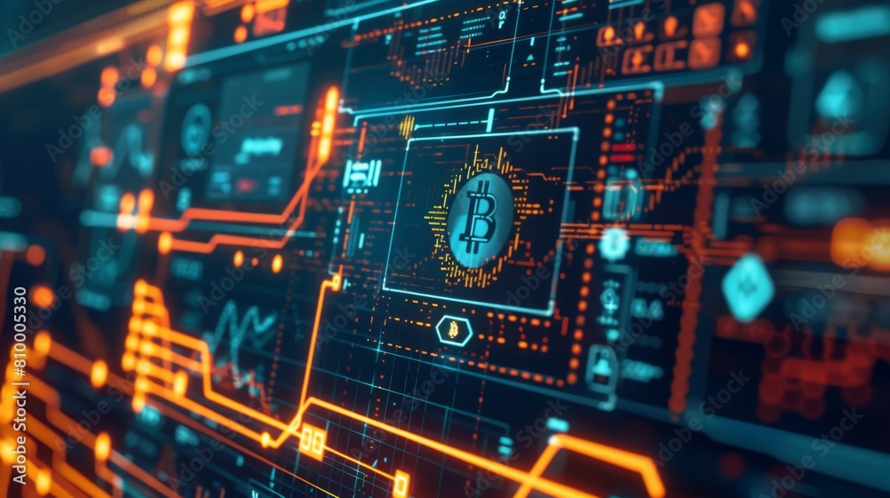 Poster a vibrant and detailed graphic representation of bitcoins relationship with digital technology and f