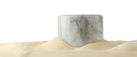 Presentation of product. Stone podium on sand against white background