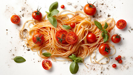 Comida típica italiana.
Espaguetis con tomate, queso y albahaca sobre fondo blanco.