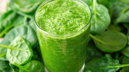 Green smoothie with spinach or other green vegetables and fruits on a background of leaves.