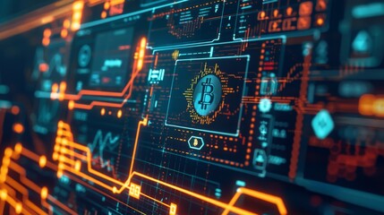 A vibrant and detailed graphic representation of Bitcoins relationship with digital technology and finance.