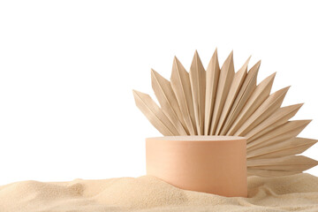 Presentation of product. Beige podium and palm leaf on sand against white background