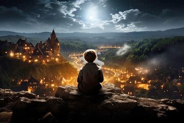 generated illustration rear view of boy sitting on hill top looking at a town