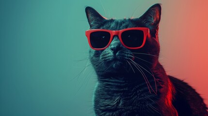 Fototapeta premium Stylish cat wearing red sunglasses against a dual-tone background