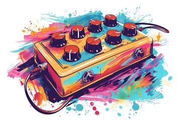 A multicolored electric guitar pedal on a white surface. Perfect for music equipment concepts