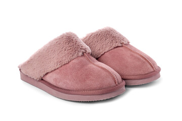 Pair of pink soft slippers isolated on white