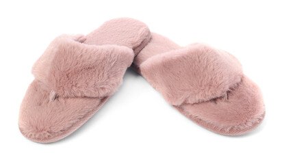 Pair of pink soft slippers isolated on white