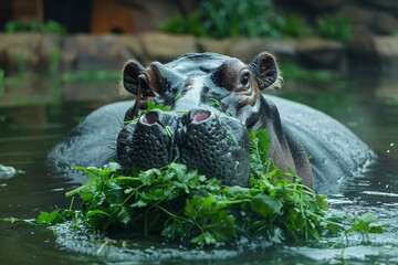 An unique underwater perspective showing a submerged hippo peeking through lush greenery, creating a sense of fascination