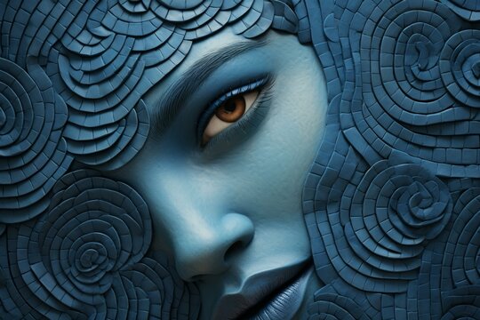 Close-up of an artistic face with intricate blue textures and one mesmerizing eye