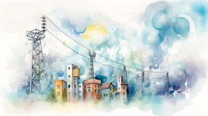 The watercolor painting shows an abstract cityscape with a focus on the electrical infrastructure